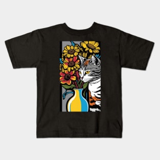 American Shorthair Cat Vibrant Tropical Flower Tall Retro Vintage Digital Pop Art Portrait 3 Kids T-Shirt